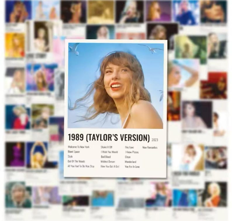May include: A retro-style poster with a photo of Taylor Swift on a beach. The poster is titled "1989 (Taylor's Version) 2020" and lists the songs on the album: "Welcome to New York", "Blank Space", "Style", "Out of the Woods", "All You Had to Do Was Stay", "Shake It Off", "I Wish You Would", "Bad Blood", "Wildest Dreams", "How You Get the Girl", "This Love", "I Know Places", "Clean", "Wonderland", "You Are in Love", "New Romantics".