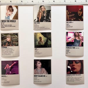 May include: Nine different minimalist poster designs featuring a photo of Taylor Swift with the title of a song or album. The posters are in a grid format with a white background and black text.