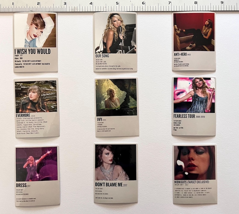 May include: Nine different minimalist poster designs featuring a photo of Taylor Swift with the title of a song or album. The posters are in a grid format with a white background and black text.