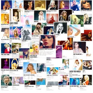 May include: A collage of 36 square images featuring a popular singer. Each image is a different album cover with the album title and release year. The images are arranged in a grid pattern.