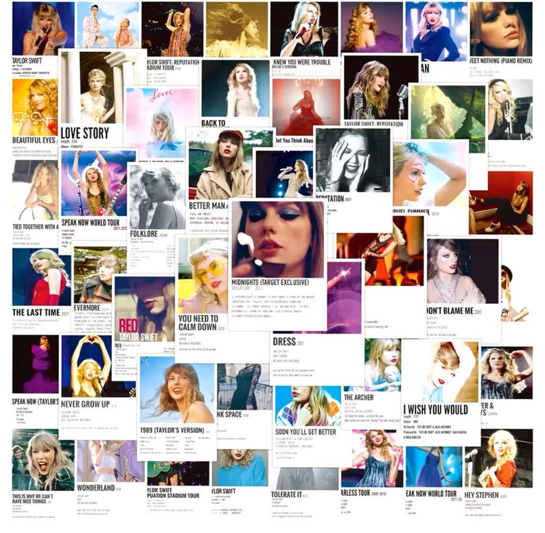 May include: A collage of 36 square images featuring a popular singer. Each image is a different album cover with the album title and release year. The images are arranged in a grid pattern.