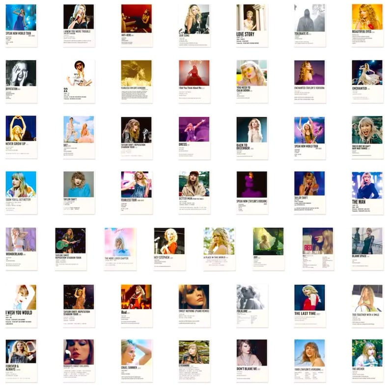May include: A collage of 49 square images featuring a singer in various poses and settings. Each image has a title and a white background. The titles include song names such as "Love Story", "Speak Now World Tour", "Red", "Blank Space", "The Man", "You Belong With Me", "Delicate", "Enchanted", "Fearless", "Shake It Off", "All Too Well", "Wonderland", "I Wish You Would", "Don't Blame Me", "Forever & Always", "Style", "Out of the Woods", "Bad Blood", "Look What You Made Me Do", "ME!" and "Lover".