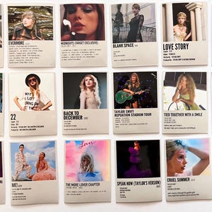 May include: A collage of 16 square images featuring a popular singer. Each image has a white border and a title in black text. The titles include song names, album names, and tour names. The images are arranged in a grid pattern.