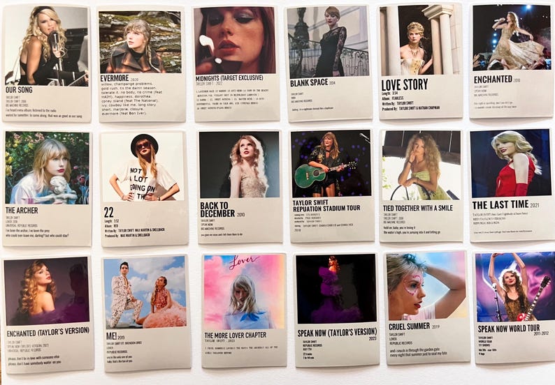 May include: A collage of 16 square images featuring a popular singer. Each image has a white border and a title in black text. The titles include song names, album names, and tour names. The images are arranged in a grid pattern.