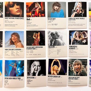May include: A set of 16 printable posters featuring album covers and tour dates for Taylor Swift's music. The posters are in a minimalist style with a white background and black text.