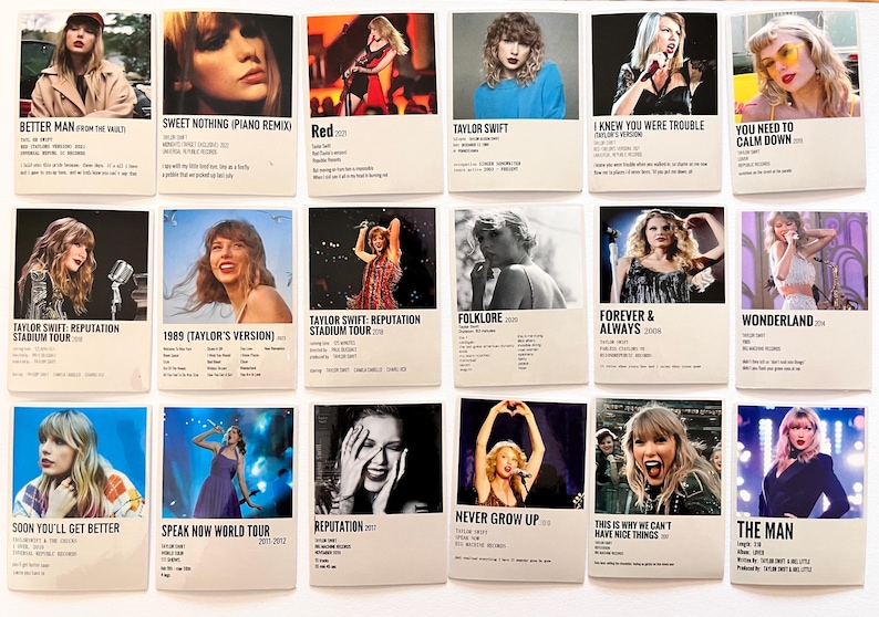 May include: A set of 16 printable posters featuring album covers and tour dates for Taylor Swift's music. The posters are in a minimalist style with a white background and black text.
