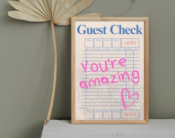 Custom Guest Check Print, Guest Check Wall Art, Trendy Wall Art, Guest Check Poster, Retro Poster, Preppy Prints, Bar Cart Art