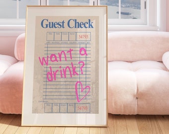 Custom Guest Check Print, Guest Check Wall Art, Trendy Wall Art, Guest Check Poster, Retro Poster, Preppy Prints, Bar Cart Art