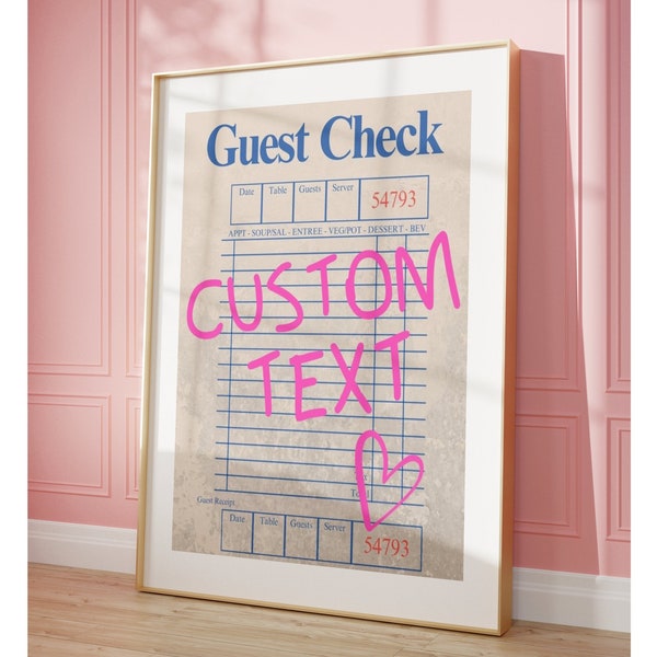 Custom Guest Check Print, Guest Check Wall Art, Trendy Wall Art, Guest Check Poster, Retro Poster, Preppy Prints, Bar Cart Art