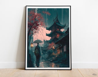 Japanese Watercolor Art- Digital Art Print, Japanese Wall Art, Japan Decor, Japan Art, Home Art, Dark Japan, Watercolor Art, Cherry Blossom