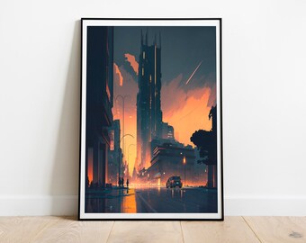 Cityscape Sunset #1- Digital Art Print, City Canvas, Futuristic City, City Wall Art, Skyline Art, Digital Download, Printable
