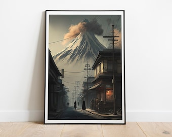 Volcano Japanese Landscape- Digital Art Print, Japan Town Art, Japanese Volcano, Erupting Volcano Art, Watercolor Art, Volcano Art, Mystical