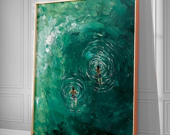 Emerald Ocean Wall Art Printable | Swimmers in Turquoise Sea Painting | Modern Coastal Artwork | Minimal Beach Digital Download