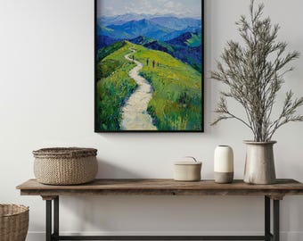 Mountain Ridge Hiking Wall Art Printable | Vibrant Alpine Landscape Oil Painting | Colorful Mountain Trail Digital Download