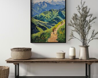 Epic Mountain Hiking Wall Art Printable | Alpine Trail Oil Painting | Adventure Landscape Digital Download | Vibrant Mountain Decor