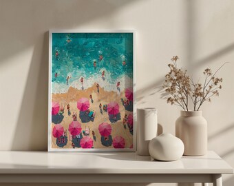 Pink Beach Umbrella Art Print | Turquoise Ocean Waves Summer Coastal (Digital Download)