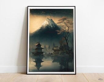Volcano Japanese Landscape- Digital Art Print, Japan Town Art, Japanese Volcano, Erupting Volcano Art, Watercolor Art, Volcano Art, Mystical