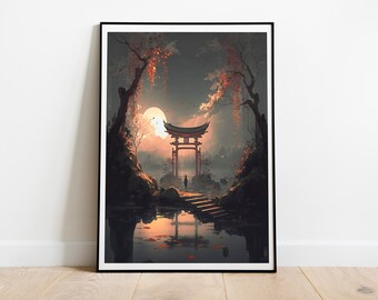 Japanese Watercolor Landscape- Digital Art Print, Japanese Wall Art, Japan Decor, Japan Art, Home Art, Cherry Blossom, Japanese Sunset,