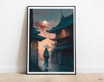 Japanese Watercolor Landscape #1- Digital Art Print, Japanese Wall Art, Japan Decor, Japan Art, Home Art, Botanical Watercolor Art