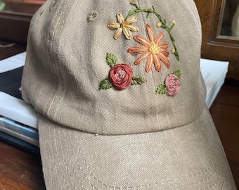 Hand Embroidered Floral Hat | Floral Embroidery | Flower Hat | Embroidered Hat | Flower Embroidered Hat | Hand Embroidered Hat