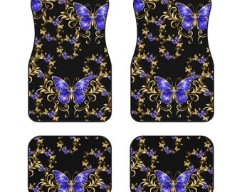 Blue Butterfly Car Mats (Set of 4),Elegant Golden Blue Butterly Mat, Car Decor For Mom,Mother's Day Gift For Her,Wedding Anniversary For Mom