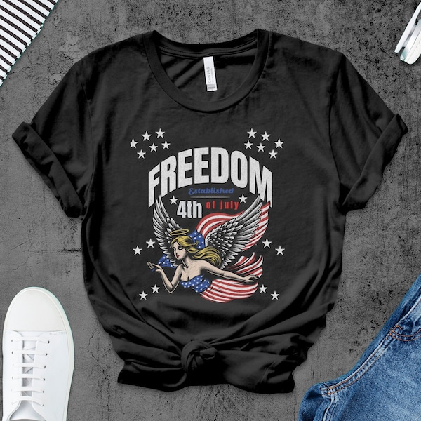 Patriotic Angel T-Shirt, 4th of July Unisex Tee,Freedom Tee,Vintage Independence Freedom T, 4th of July Day Family Shirt,American Flag Tee