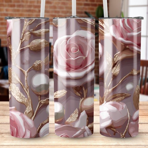 Elegant Pink Roses and Pearls Tumbler, Floral Insulated Cup, Gift for Her, Chic Coffee Travel Mug, Botanical Drinkware