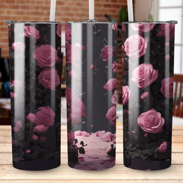 Floral Tumbler, Pink Rose Garden Design, Insulated Travel Mug, Elegant Coffee Cup, Botanical Drinkware, Gift for Gardener, Romantic Present
