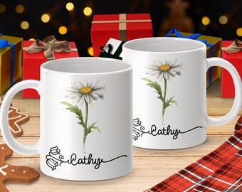 Personalized Daisy Mug, Custom Name Coffee Cup, Floral Watercolor Design, Unique Gift Idea, Botanical Drinkware, Chic Kitchen Decor