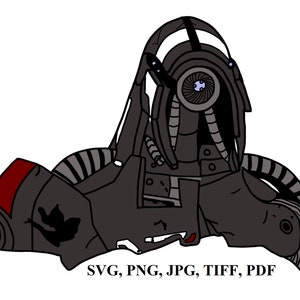 May include: A black and gray robot with a large, round eye and a striped pattern on its body. The robot is lying on its side with its head tilted back.