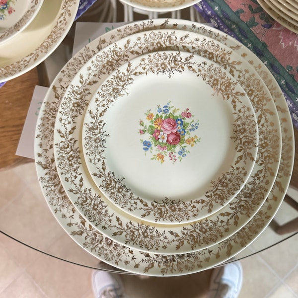 Taylor Smith Taylor 1950's Gold Rim Floral China Dinnerware, Dinner Plates, Salad, Dessert, Fingerbowls, Soup, Cup/Saucer Sold Individually