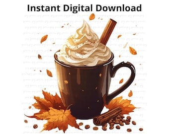 Fall Coffee Cup PNG, Autumn Clipart, Thanksgiving Design (Digital Download)