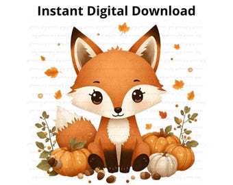 Cute Fox PNG, Fall Pumpkin Clipart, Autumn Animal Sublimation Design, Transparent Digital Download, Thanksgiving Fox with Acorns PNG