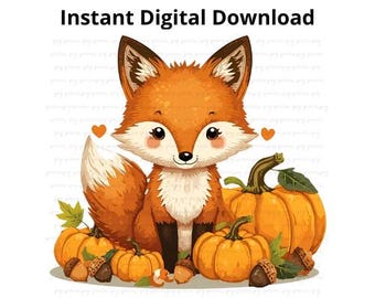 Fall Fox PNG, Pumpkin Autumn Clipart (Digital Download)