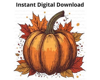 Fall Pumpkin PNG, Autumn Leaves Clipart (Digital Download)