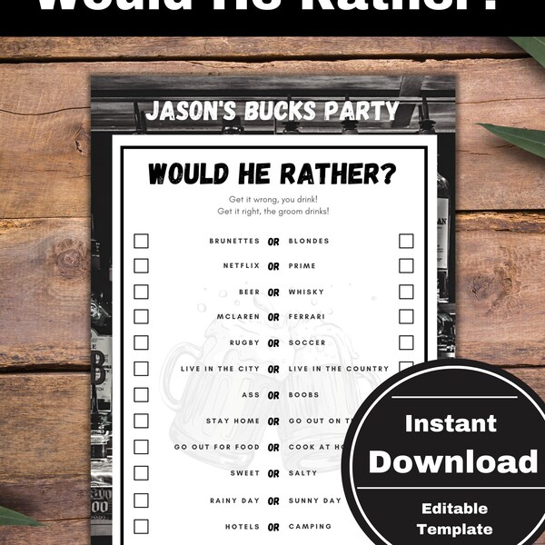 Bucks Party Game for Printable for Boys Night, Group Game, 'Would He Rather' Template for Stag Party Game, Bachelor Party Editable