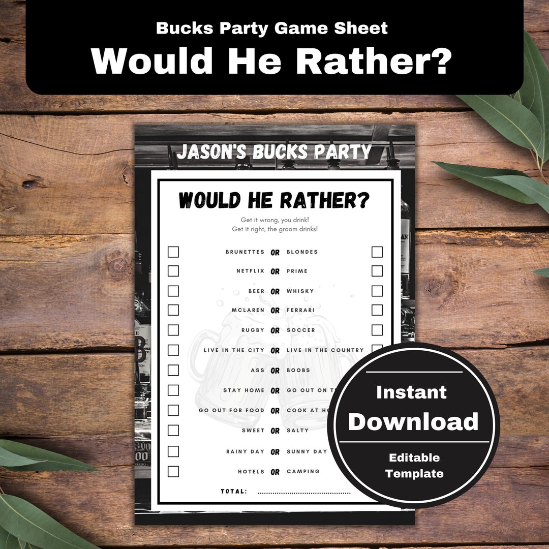 Bucks Party Game for Printable for Boys Night, Group Game, 'would He