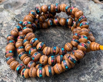 108 Inlaid Wooden Prayer Beads, Tibetan Necklace, Mala Beads, Jewelry Making Supplies, Beads for Meditation, Handmade in the Himalayas