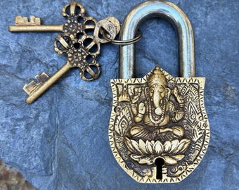 Handmade Brass Ganesh Padlock with Vintage Keys | Antique Style Decorative Brass Lock | Handcrafted Gift from Nepal
