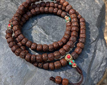108 Rudraksha Mala with Brass Counters, Tibetan Buddhist Prayer Beads with Inlaid Turquoise