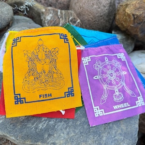 Eight Auspicious Symbols Prayer Flags Plus 1 Set of Mini Flags FREE, Handmade Tibetan Prayer Flags from Kathmandu Nepal Boudha Stupa
