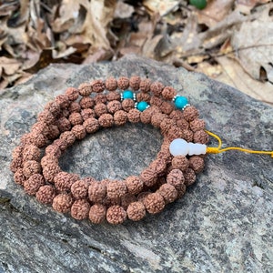 Rudraksha Seed Necklace with Himalayan Turquoise and Moonstone, Yellow Thread 108 Mala Natural Seed