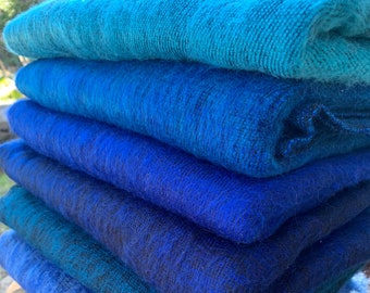 Himalaya Yak Wool Handmade Blanket Shawl Large and XL - Soft and Warm Handknit in Kathmandu Valley Nepal Shades of Blue Collection