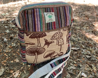 Hemp Shoulder Bag Purse, Mushrooms Print, Handmade from the Nepal Himalayas, Organic Vegan materials, Unique Design, Travel Gift, Sling bag