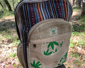 Stor hamparyggsäck handgjord från Nepals Himalaya, unik design, ekologisk, veganska material, fickor för vattenflaskor, laptopfodral ingår