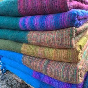 Himalayan Tibetan Yak Wool Blanket - XL Warm and Soft - Handmade in Kathmandu Valley Nepal - Blue Teal Green Pink Purple - Winter Throw 4x8