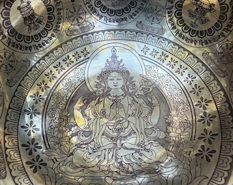 Tibetan Singing Bowl, White Tara with 8 Auspicious Symbols, Handmade in Nepal, Authentic Himalayan Sound Bowl