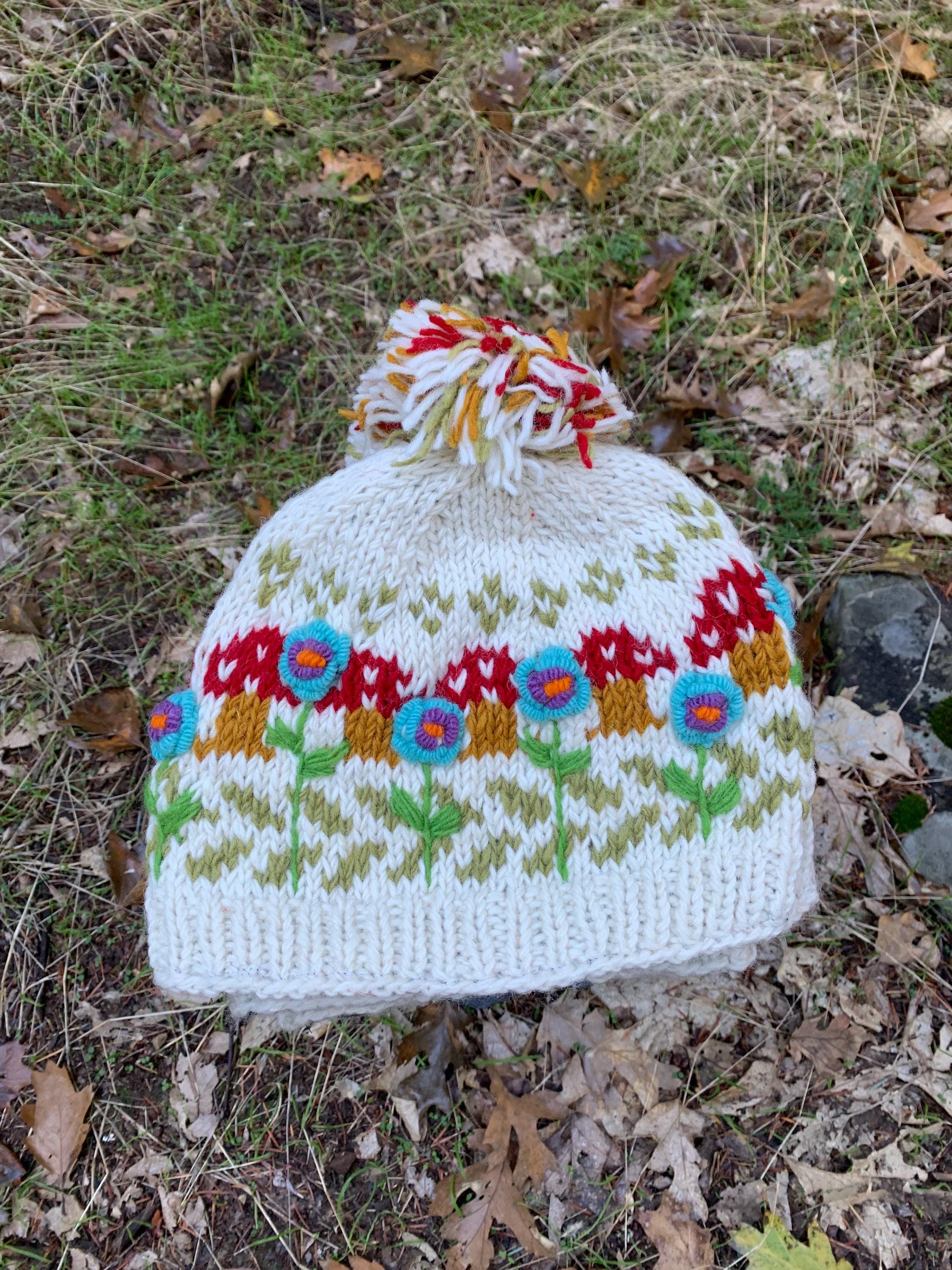 Handknit Wool Winter Pom Pom Hat, Bobble Hat With Mushrooms 