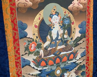 White Tara Thangka from Nepal Himalayas, Framed In Silk Brocade, Unique Buddhist Art, Free Prayer Flags Included