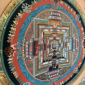 Kalachakra Mandala Thangka from Nepal Himalayas, Framed In Silk Brocade, Unique Buddhist Art, Free Prayer Flags Included